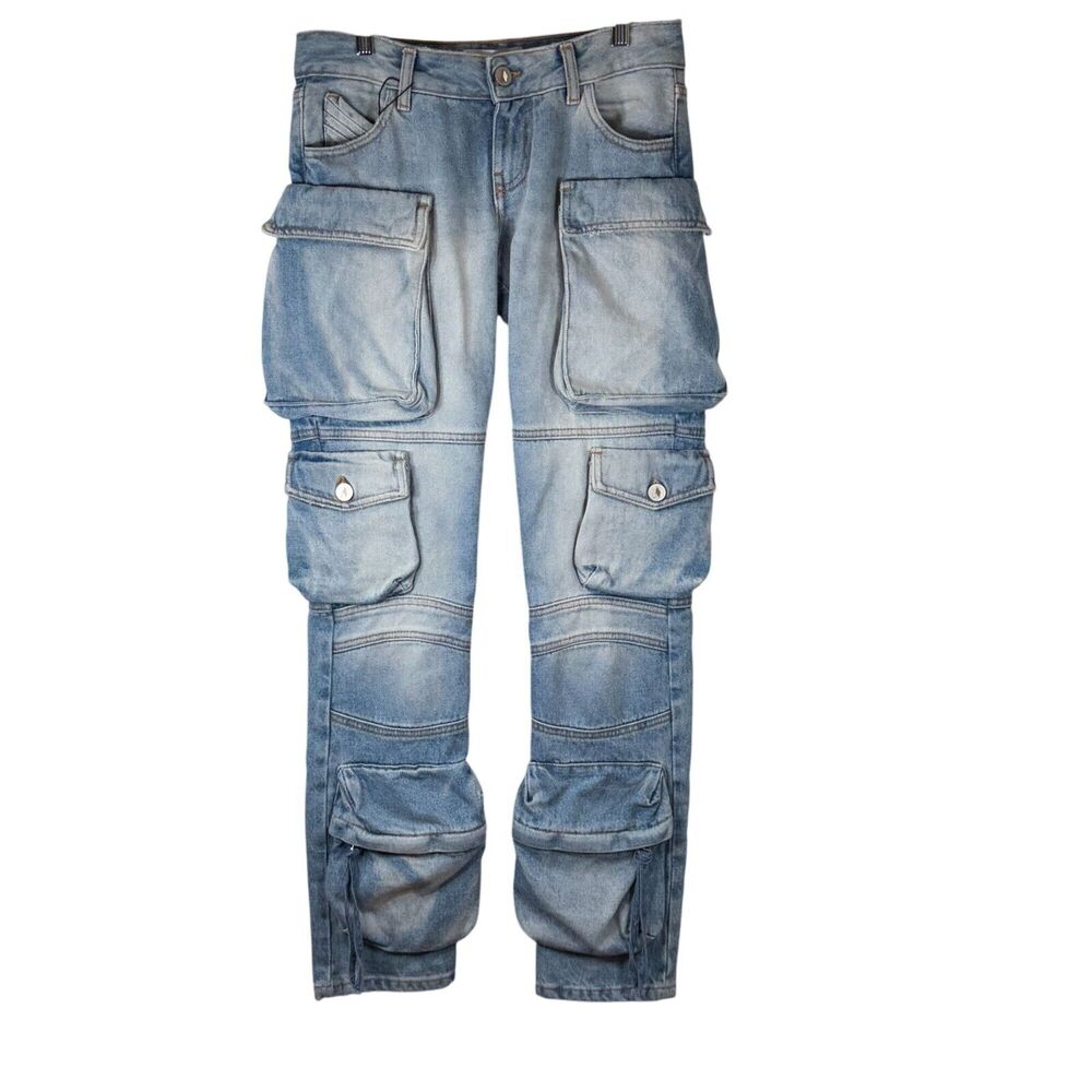 The Attico Light Wash Denim Cargo Pants Multiple Pockets Button Closure Size 24